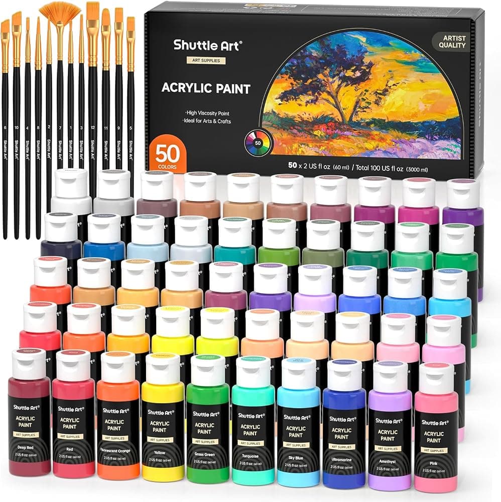 Shuttle Art Pintura acrílica, juego de pintura acrílica de 50 colores, botellas de 2.0 fl oz, pigmentos ricos, resistente al agua, premium para artistas, principiantes y niños sobre lienzo, rocas, madera, tela de cerámica