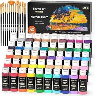Shuttle Art Pintura acrílica, juego de pintura acrílica de 50 colores, botellas de 2.0 fl oz, pigmentos ricos, resistente al agua, premium para artistas, principiantes y niños sobre lienzo, rocas, madera, tela de cerámica