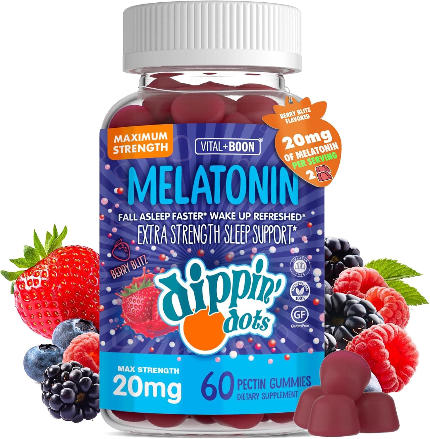 Dippin' Dots Gomitas de melatonina extra fuertes 20 mg, ayuda para dormir (60 unidades) | Gomitas de melatonina de 20 mg, una ayuda natural para dormir para adultos que necesitan apoyo adicional durante la noche; dosis nocturna vegana y más fuerte.