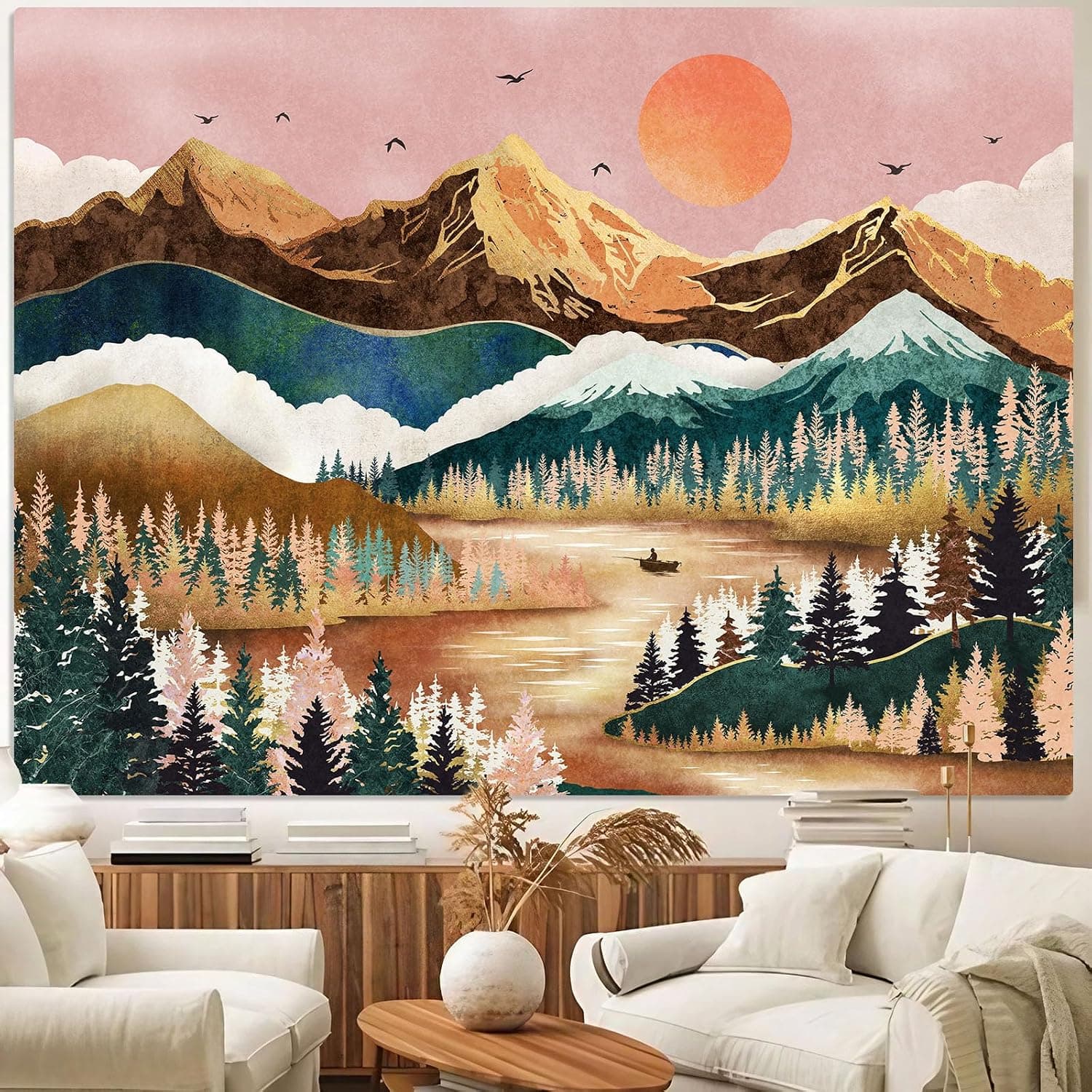 Zussun Tapiz de montaña, tapiz de árbol de bosque natural para dormitorio, estético, puesta de sol, tapiz para colgar en la pared, paisaje naranja y verde, tapiz de pared para sala de estar dormitorio (naranja, 48 x 36 pulgadas)