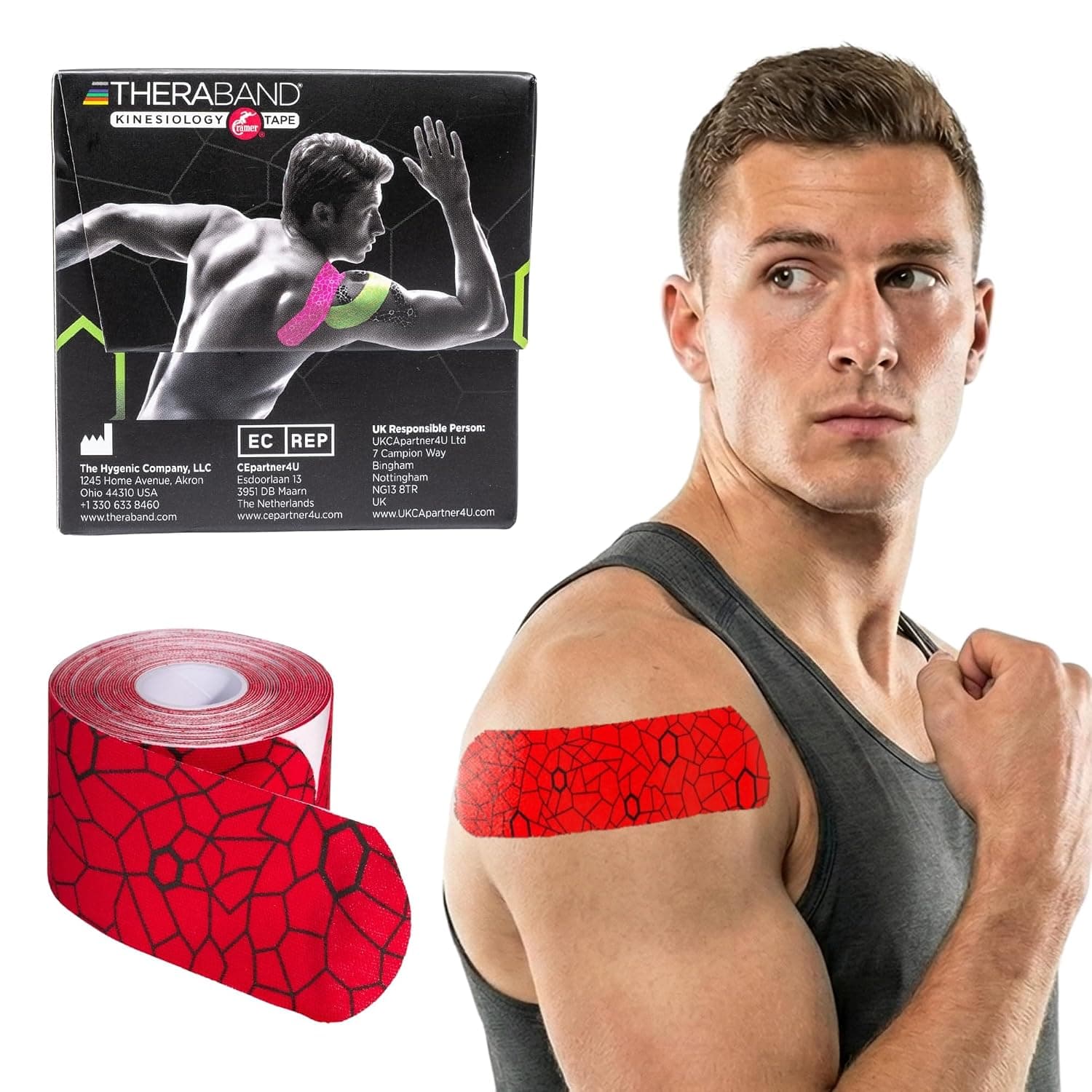 THERABAND Cinta de kinesiología, rodilla, precortada, atlética, hombro, 2", rojo/negro | Cinta de kinesiología elástica para rodilla, hombro y espalda: soporte flexible que se mueve con el músculo