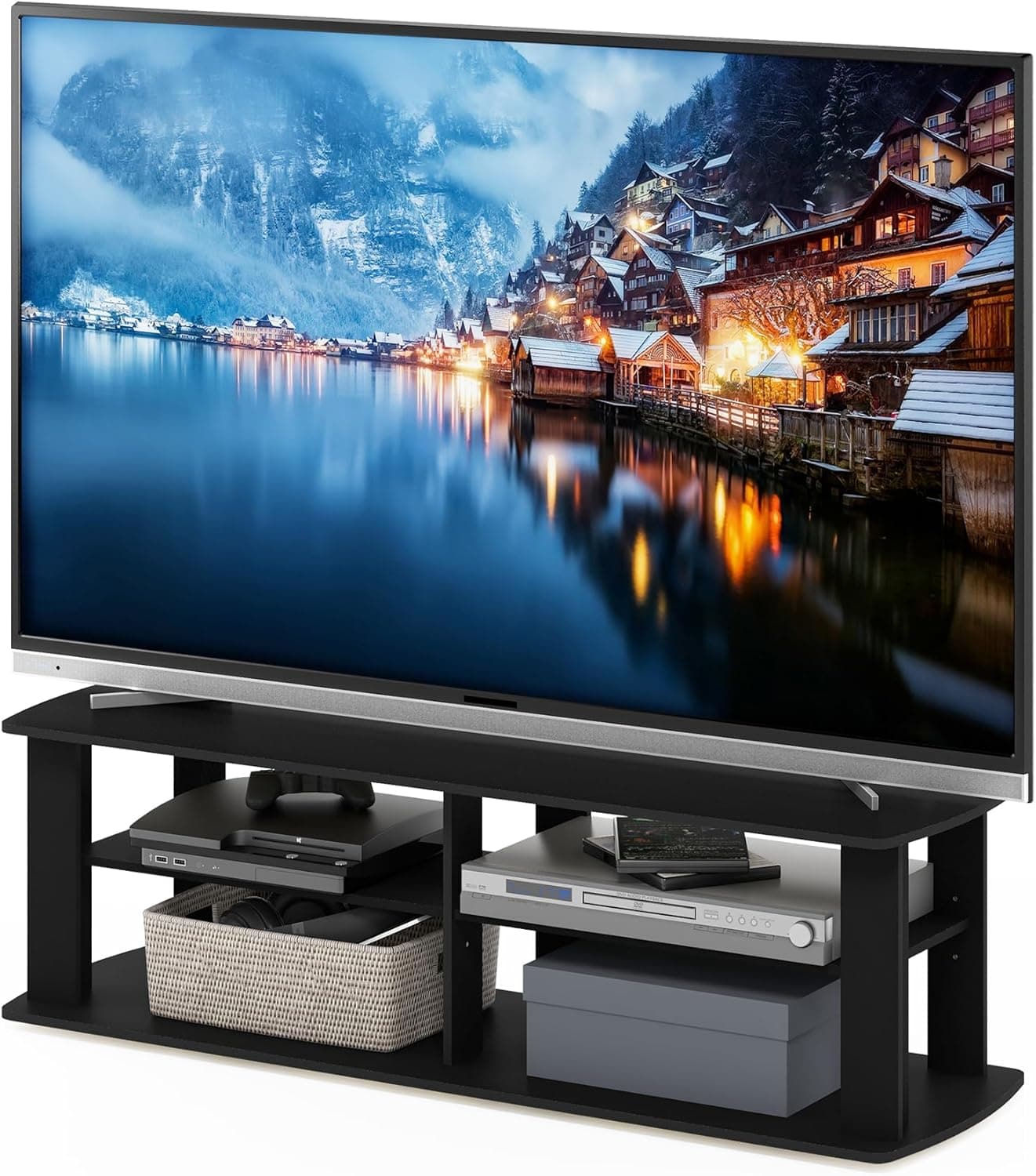 Furinno Nelly TV Stand, 3-Tier Entertainment Center with Open Shelves Storage, TV Console for TV up to 55 Inch, Soft Edges, for Living Room, Bedroom, Black