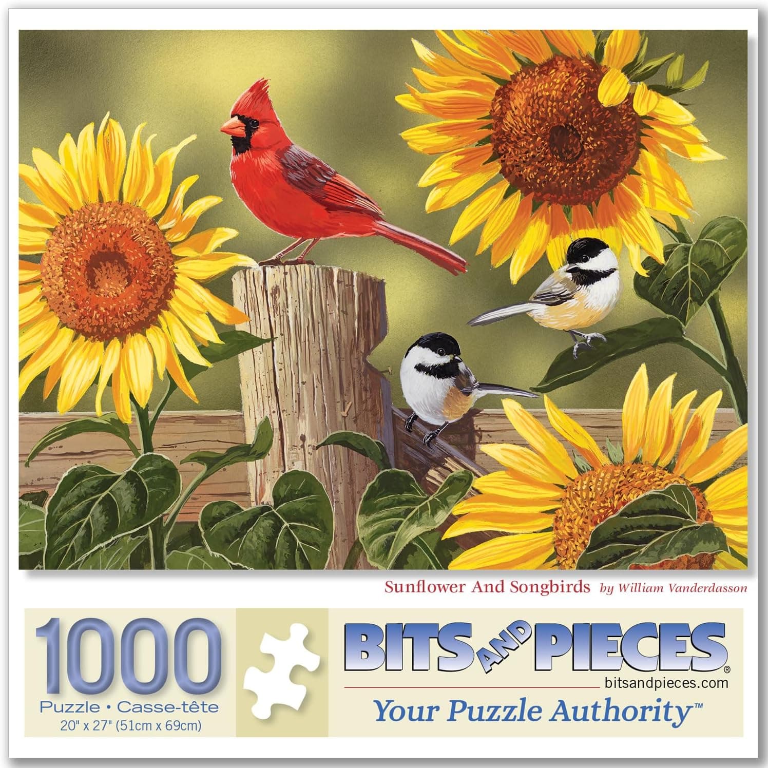 Bits and Pieces – Rompecabezas de girasoles y pájaros cantores de William Vanderdasson – 50, 100, 200 (15"x19"), 500 (18"x24"), 1000 piezas (20"x27") – Coloridos pájaros de jardín para adultos (rompecabezas de 1000 piezas)
