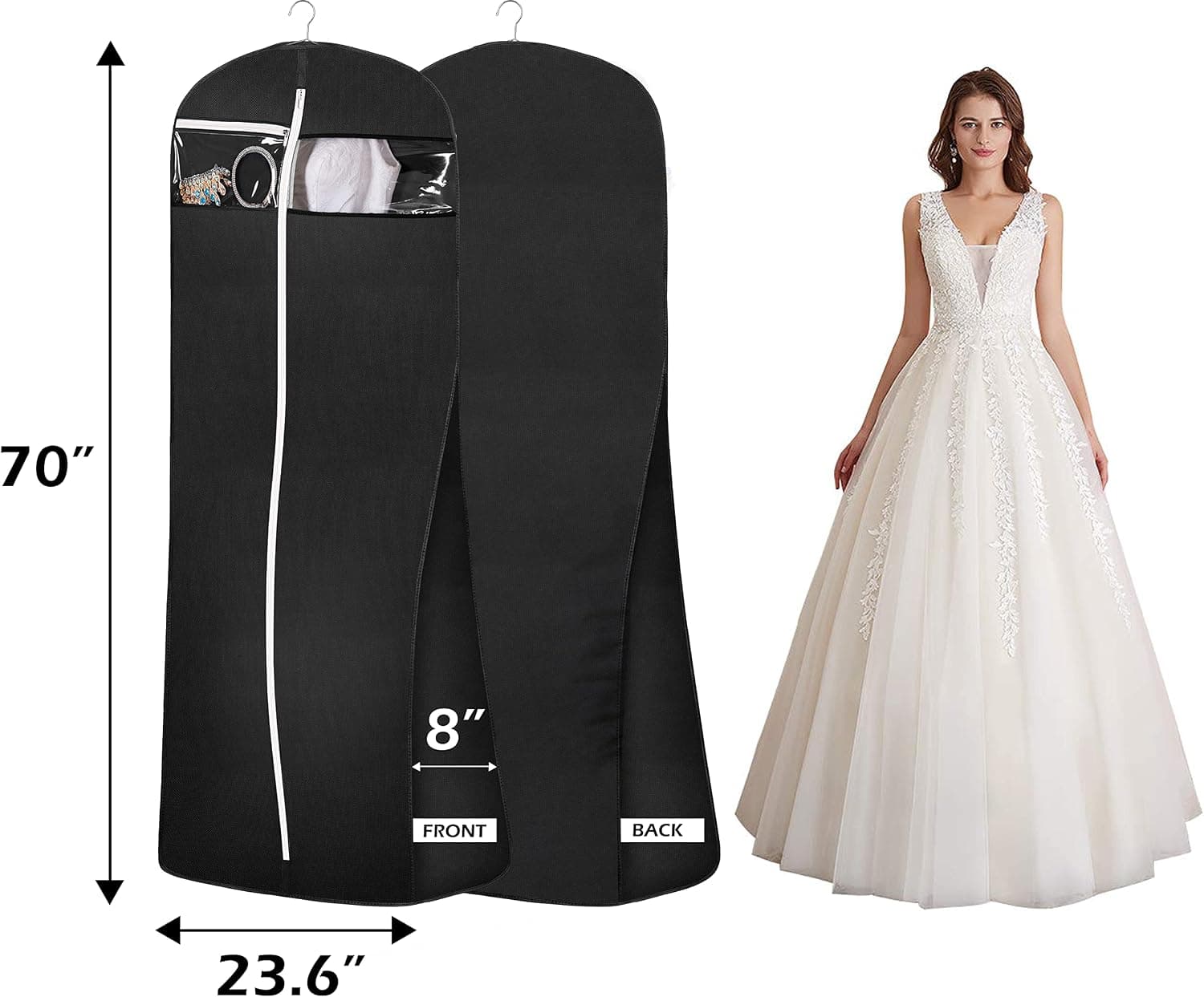 MISSLO Bolsa de ropa para vestido de novia de 70 pulgadas con bolsa de accesorios, funda grande para ropa de viaje, refuerzo de 8 pulgadas (negro)