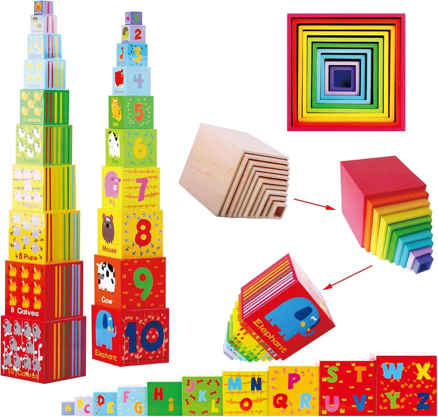 TOWO Cajas apilables de madera, vasos clasificadores anidados para niños pequeños | Los bloques de números, alfabetos y animales permiten apilar, anidar, clasificar y aprender temprano; Juguete Montessori para niños pequeños a partir de 2 años.