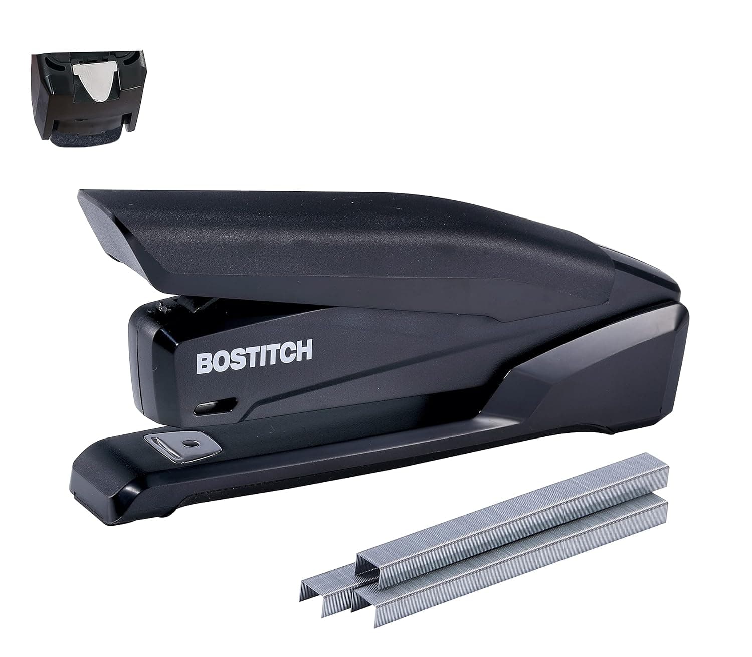 Bostitch Office Executive Grapadora 3 en 1, incluye 210 grapas y quitagrapas integrado, grapado con un dedo, sin esfuerzo, capacidad para 20 hojas, grapadora con resorte, negro (INP20-BLK)