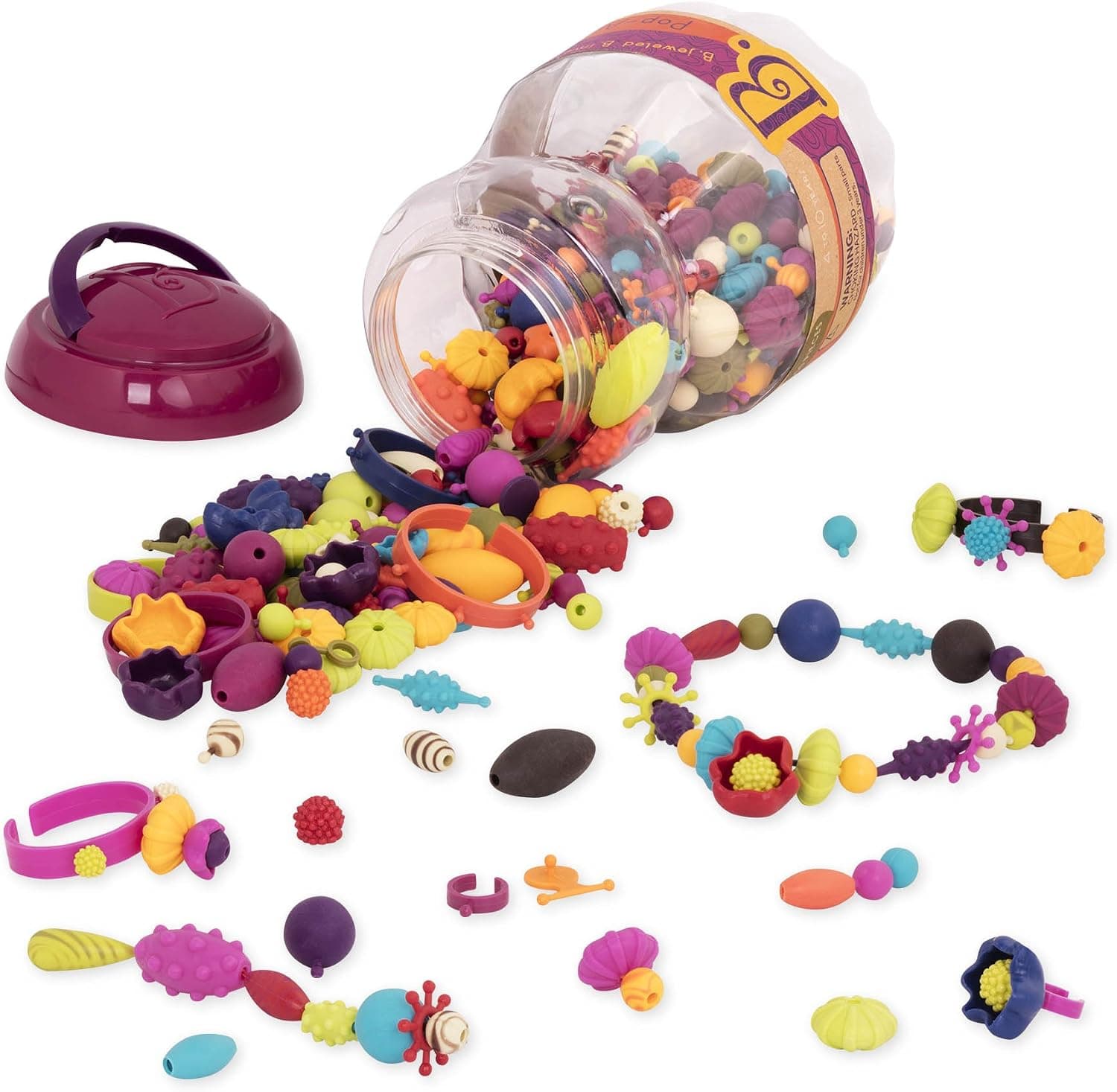 B. juguetes Pop Arty! Kit para hacer joyas Pop Beads, 500 piezas, artes y manualidades | 500 piezas que se ensamblan a presión con 12 anillos y 6 pulseras en un práctico frasco de almacenamiento con asa para jugar con joyería creativa, a partir de 4 años