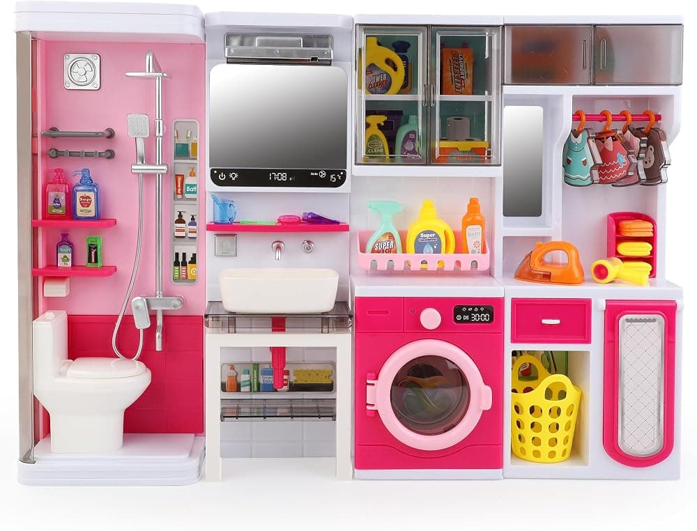 Mini juego de lavandería para baño de muñecas para niños, muebles de casa, juego de accesorios de juguete con luces y sonidos realistas para niños pequeños, niñas (juego de baño 4 en 1)