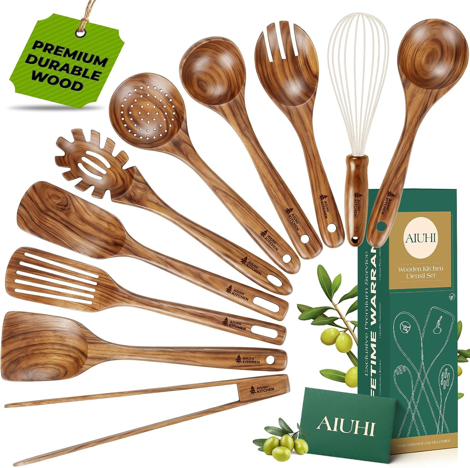 10 utensilios de cocina de madera, juego de utensilios de madera de teca para cocina, cucharas de madera resistentes al calor para cocinar, espátula de madera antiadherente, cucharón de sopa, pinzas, batidor de huevos