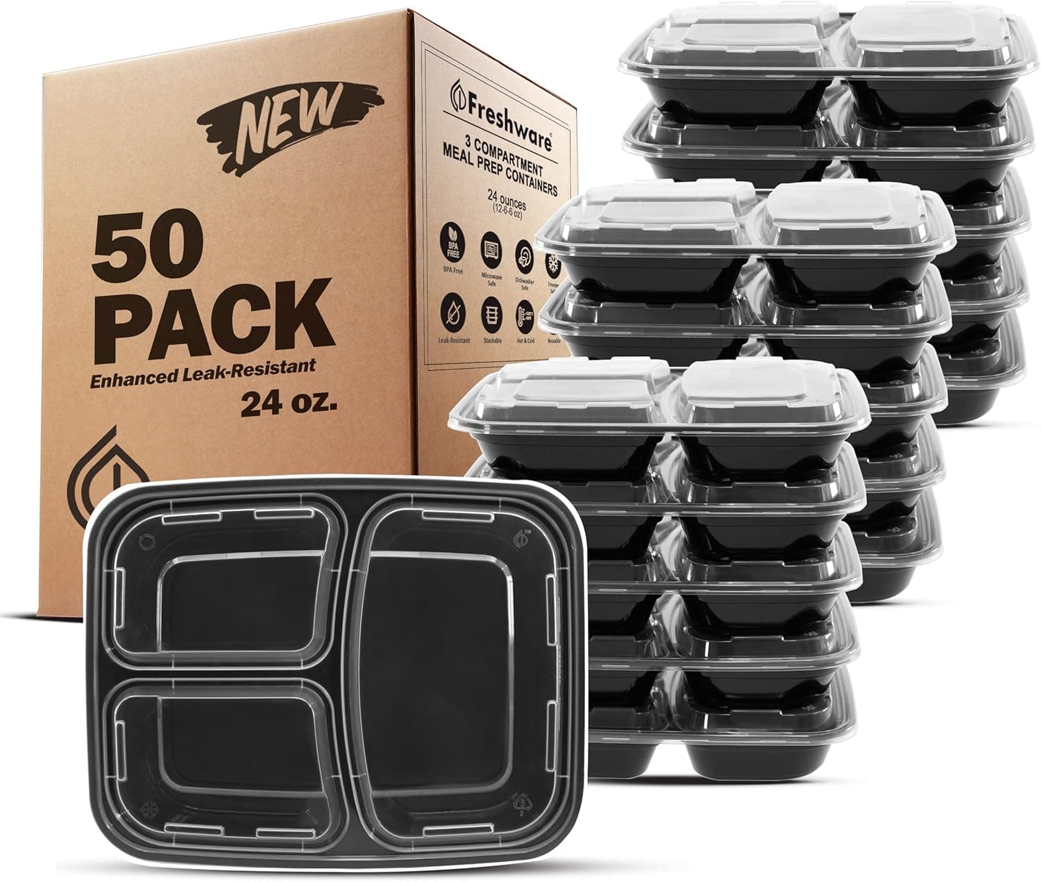 Contenedores de preparación de comidas Freshware [paquete de 50] Contenedores de almacenamiento de alimentos de 3 compartimentos con tapas, caja Bento, sin BPA, apilables, aptos para microondas/lavavajillas/congelador (24 oz)