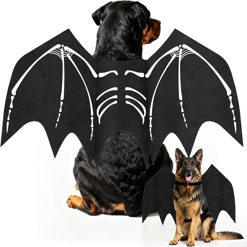 Olanrun Disfraces de Halloween para Perros Grandes, Disfraces de Alas de Murciélago Ajustables para Perros Grandes con Estampado de Esqueleto de Campana de Calabaza en la Espalda, Disfraz de Mascota, Disfraz de Fiesta de Halloween, XL Negro
