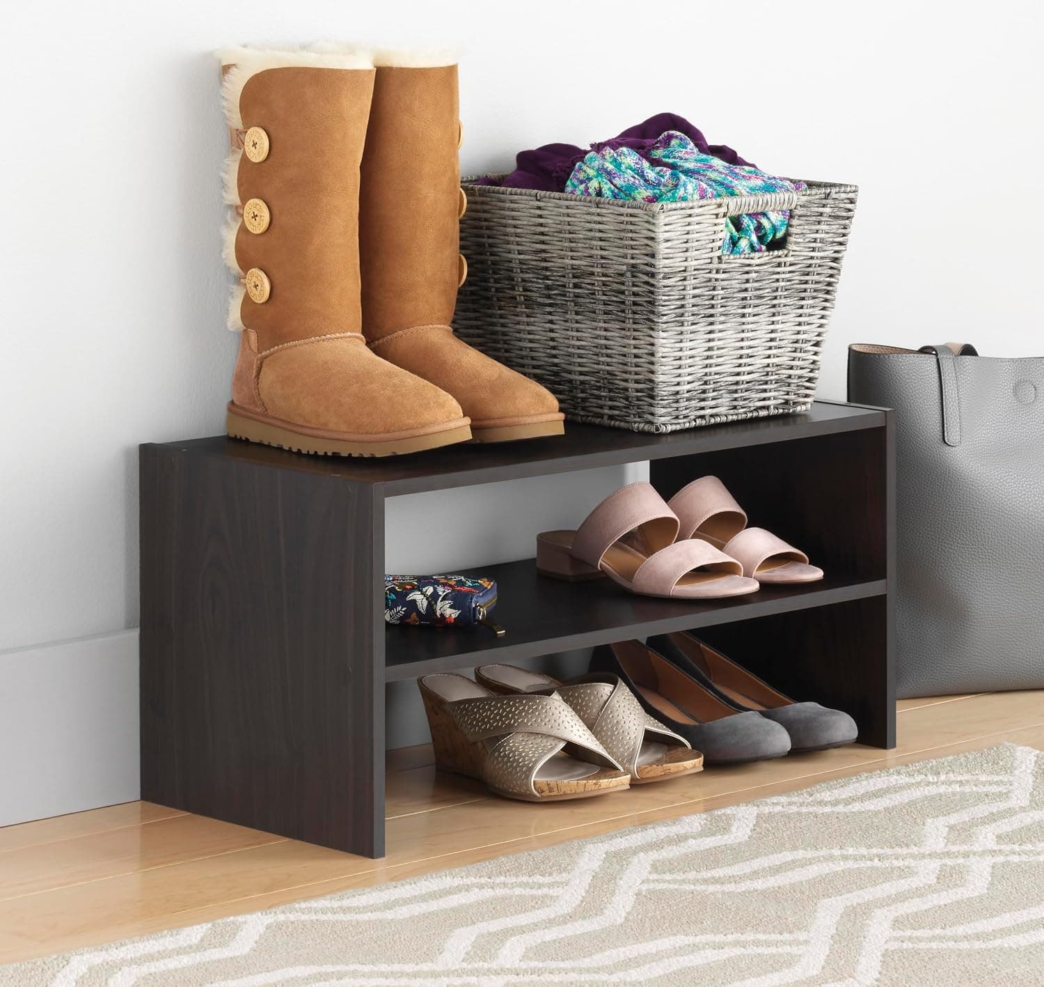 Whitmor Zapatero apilable de madera con 2 estantes, 24 pulgadas, espresso