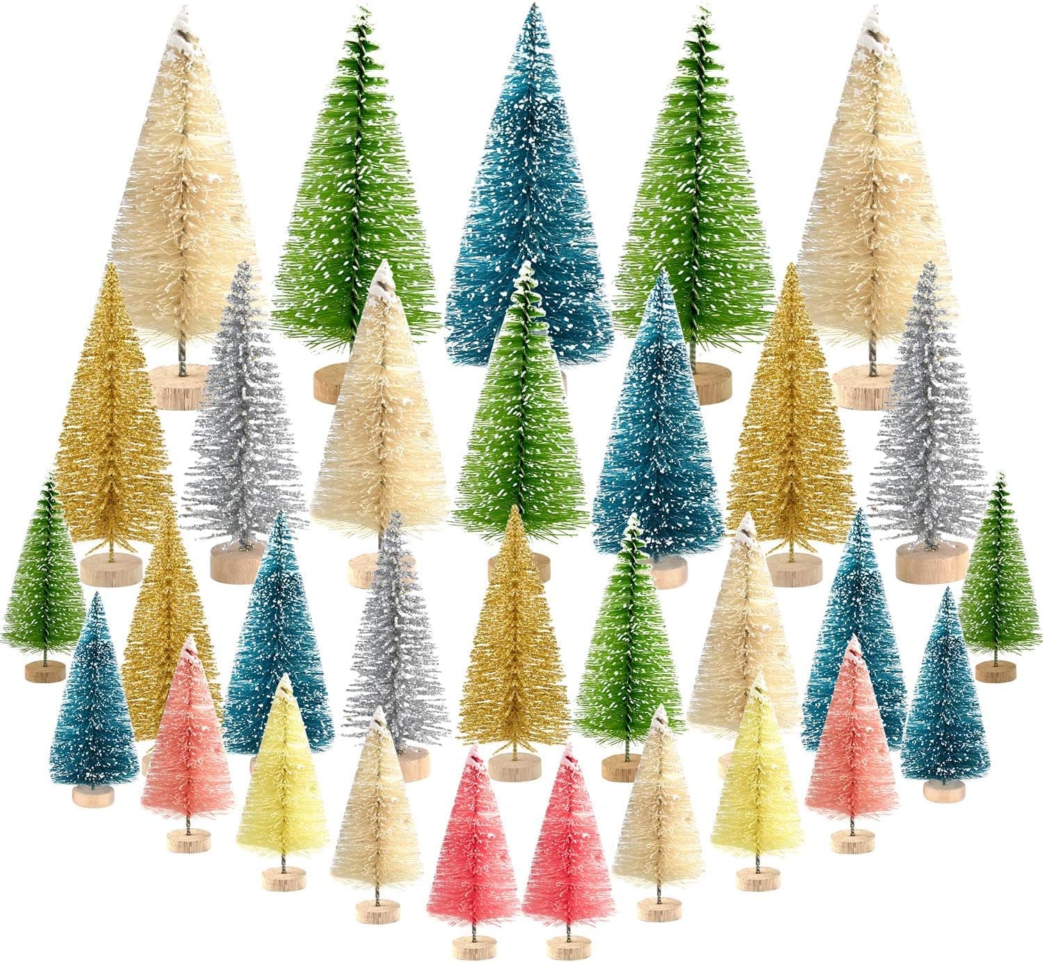 KUUQA 38 Piezas Mini Árboles de Sisal Multicolor Árboles con Cepillo para Botellas Mini Árbol de Pino con Base de Madera Árbol Esmerilado de Nieve Adorno de Nieve de Invierno Árbol de Mesa para Decoraciones Navideñas Modelo Diorama, Árboles de Tamaño Pequeño