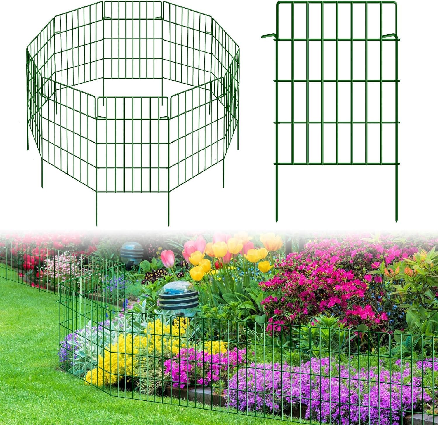 Paquete de 30 vallas decorativas para jardín, total de 32,5 pies (largo) x 24 pulgadas de alto, espacio de 1,44 pulgadas, alambre de metal, resistente al óxido, barrera para animales pequeños, fácil montaje, patio, plántulas, protección, borde de cerca, verde
