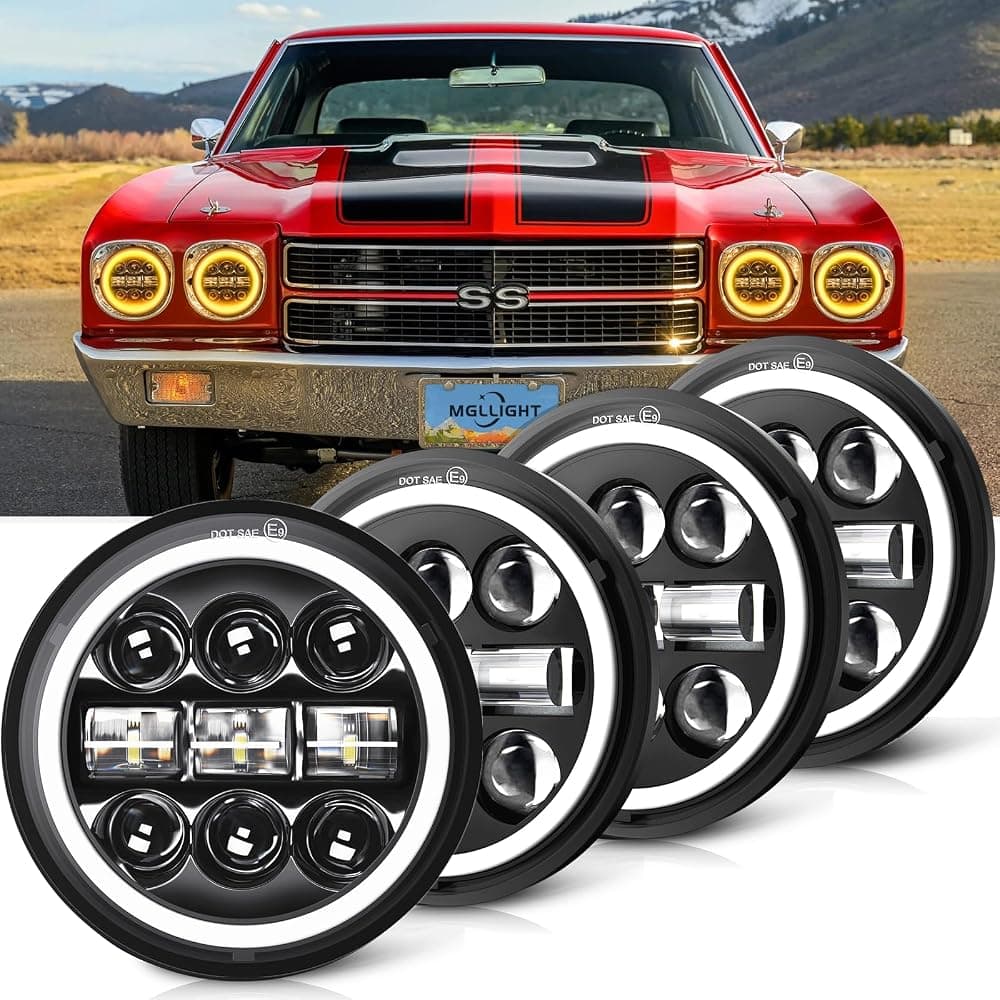 Faros delanteros LED de 5-3/4 5,75 pulgadas, color blanco ámbar, halo LED compatible con Challenger Gran Torino Oldsmobile Cutlass Plymouth Fury Muscle Cars Camiones Angel Eye Faros delanteros, 4 juegos