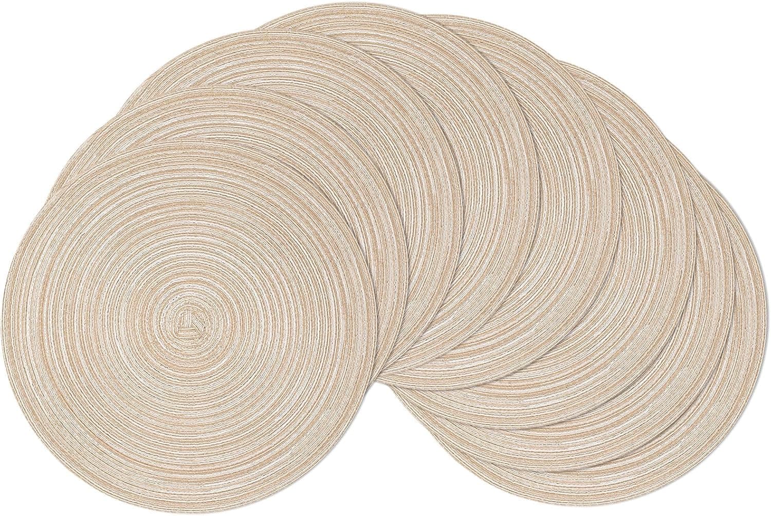 SHACOS Juego de 8 manteles individuales redondos trenzados de tela de algodón, antideslizantes, lavables, 15.0 in, manteles individuales redondos para decoración de mesa de fiesta en el hogar (beige, 8)