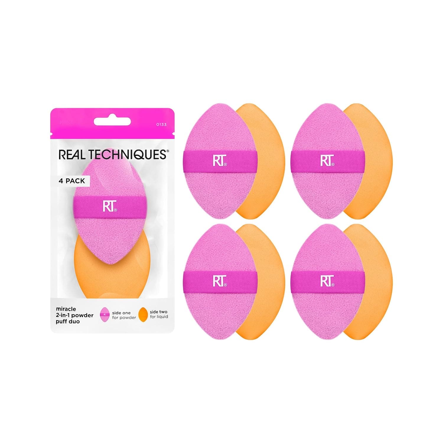 Real Techniques Miracle 2 en 1 esponja para polvo, esponja de maquillaje, paquete de 4 | Retoques suaves con esponjas de maquillaje para base y polvos fijadores, borlas de polvo de doble cara, banda reversible y vegano