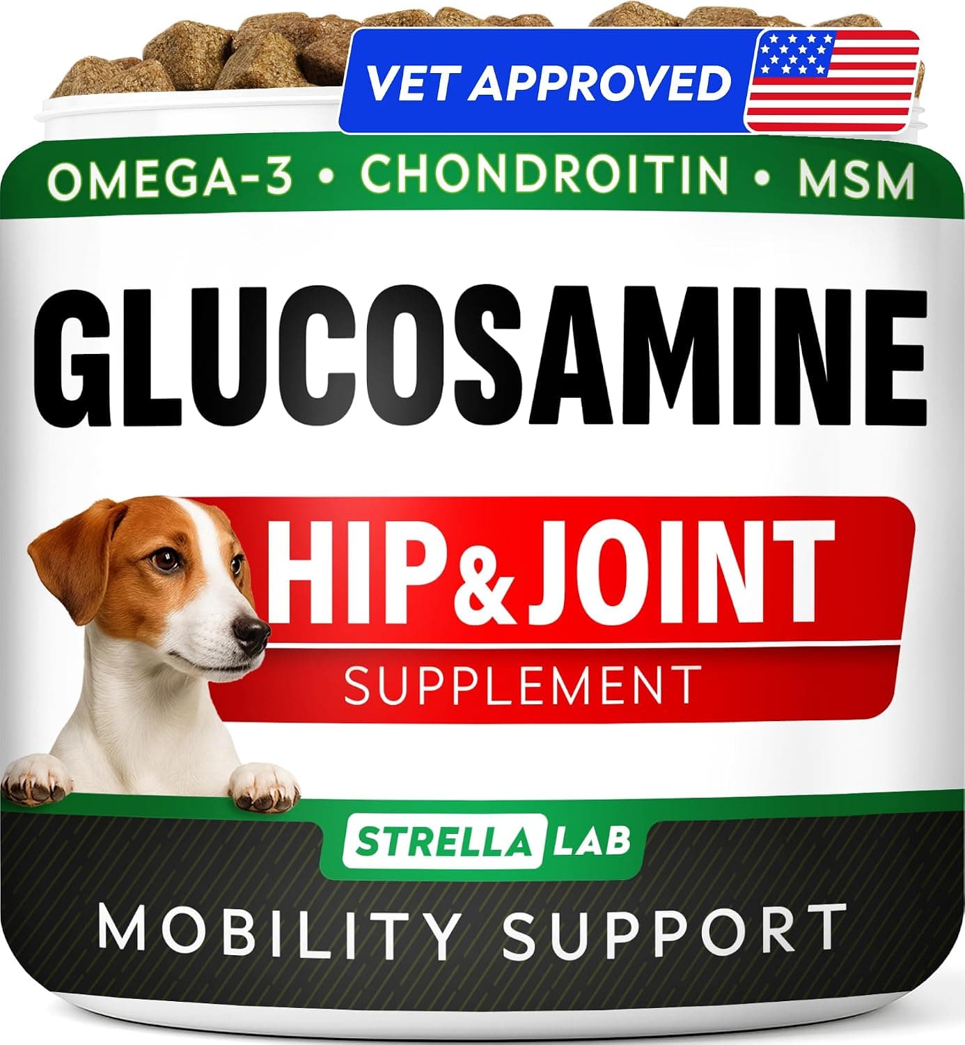 Golosinas de glucosamina para perros - Suplemento para articulaciones con aceite de pescado Omega-3 - Condroitina, MSM - Masticables de movilidad avanzada - Alivio del dolor en las articulaciones - Cuidado de cadera y articulaciones - Sabor a mantequilla de maní - 120 unidades