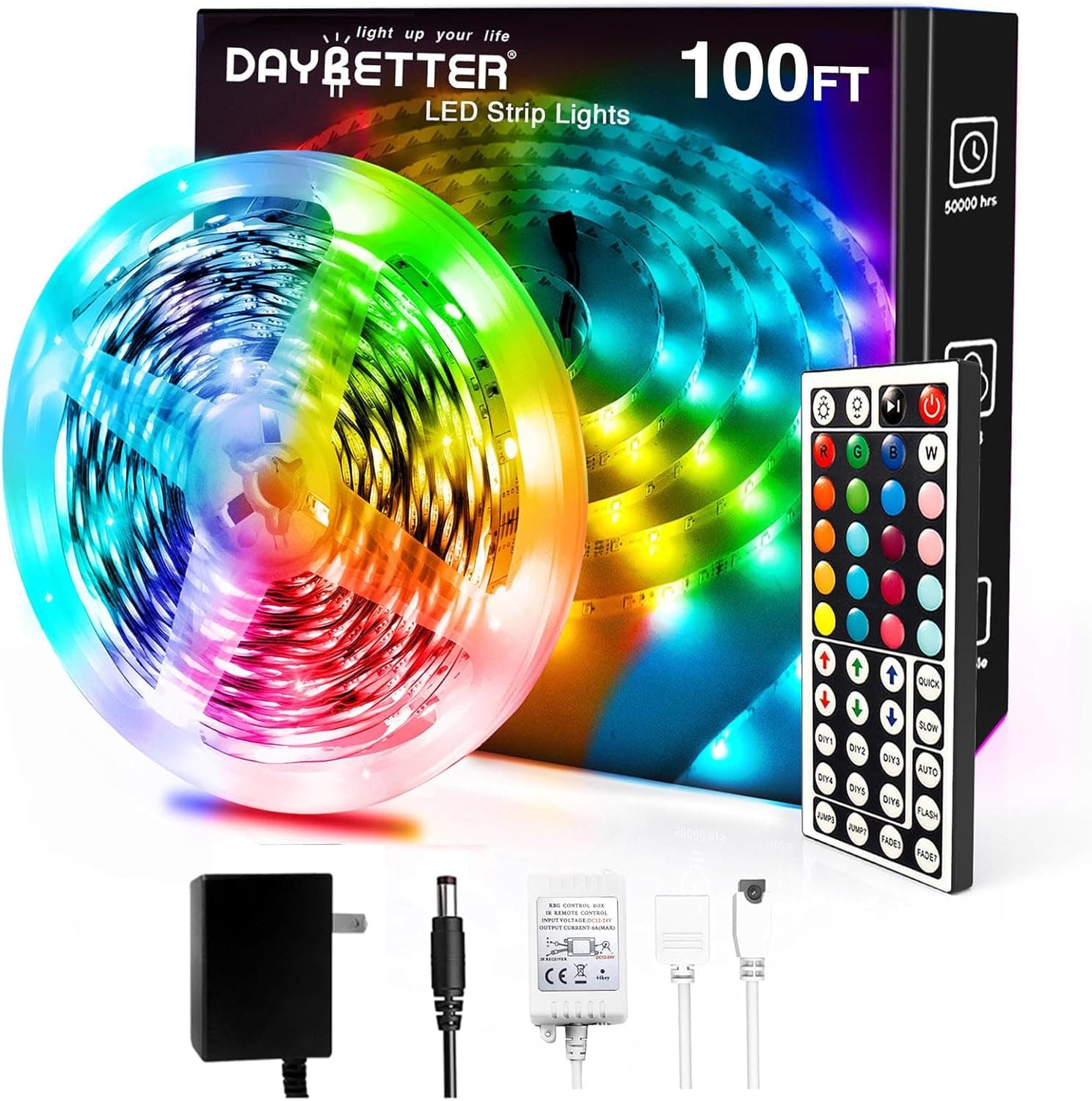 DAYBETTER Tira de luces LED de 100 pies, tiras LED que cambian de color RGB con control remoto de 44 teclas para habitación, dormitorio, adecuado para decoración del hogar, sala de estar, cocina, decoración de fiesta en el hogar, 24 V