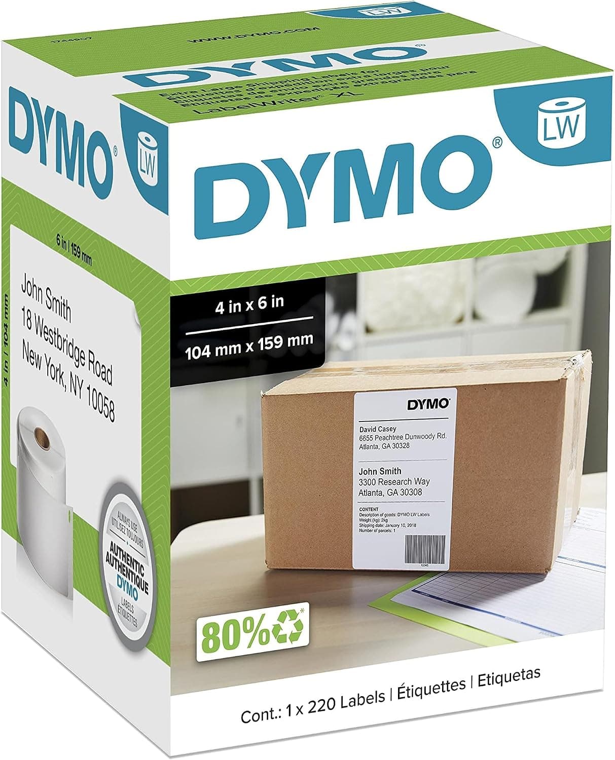 DYMO Authentic LW Etiquetas de envío extragrandes Etiquetas DYMO para impresoras de etiquetas LabelWriter 5XL y 4XL solo blancas 4" x 6" 1 rollo de 220 (paquete de 6)