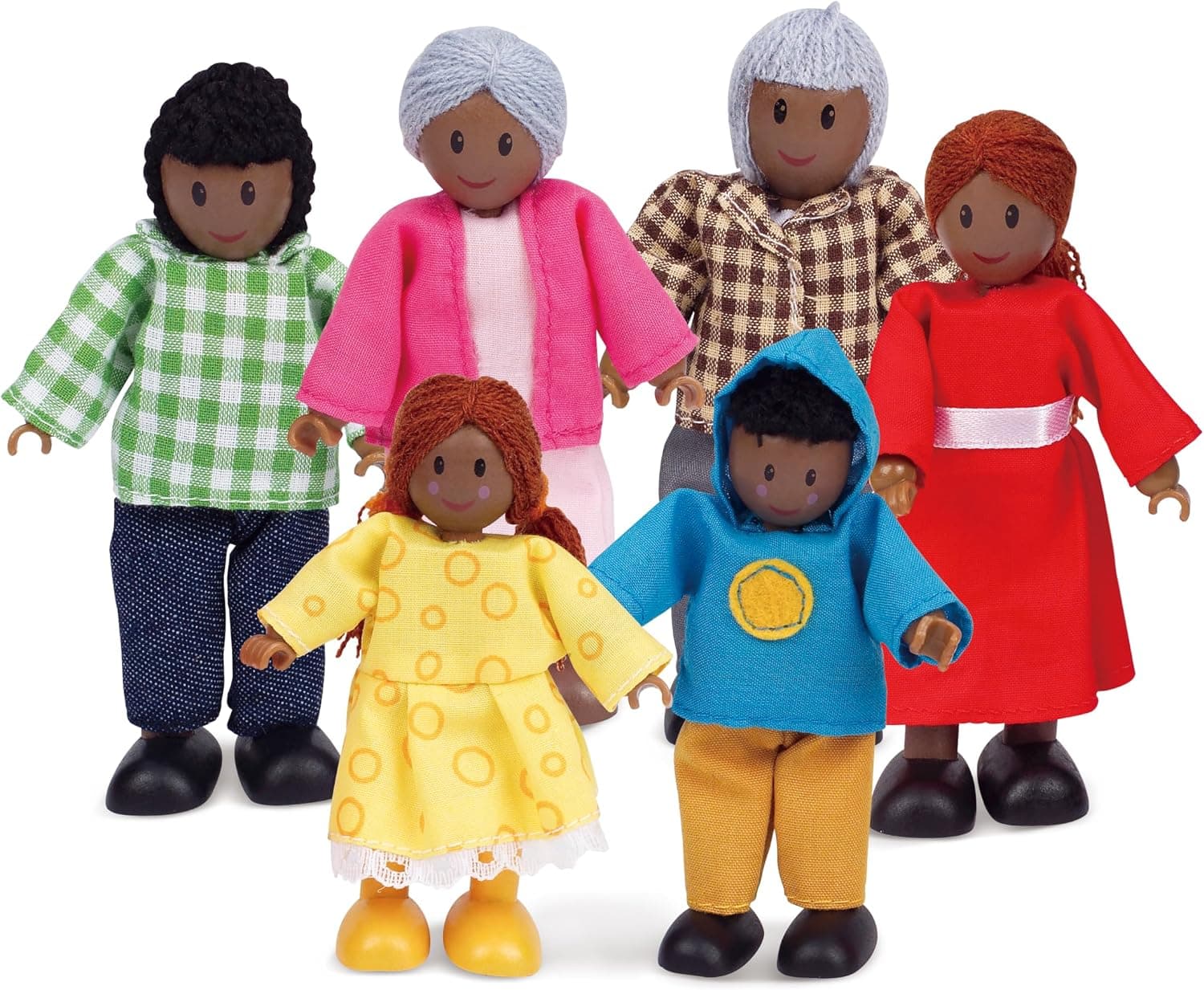 Familia de casas de muñecas de madera afroamericana Hape | Dollhouse People Juego de 6 figuras de acción | Cable Adultos: 4.3" H; Niños: 3.5" H