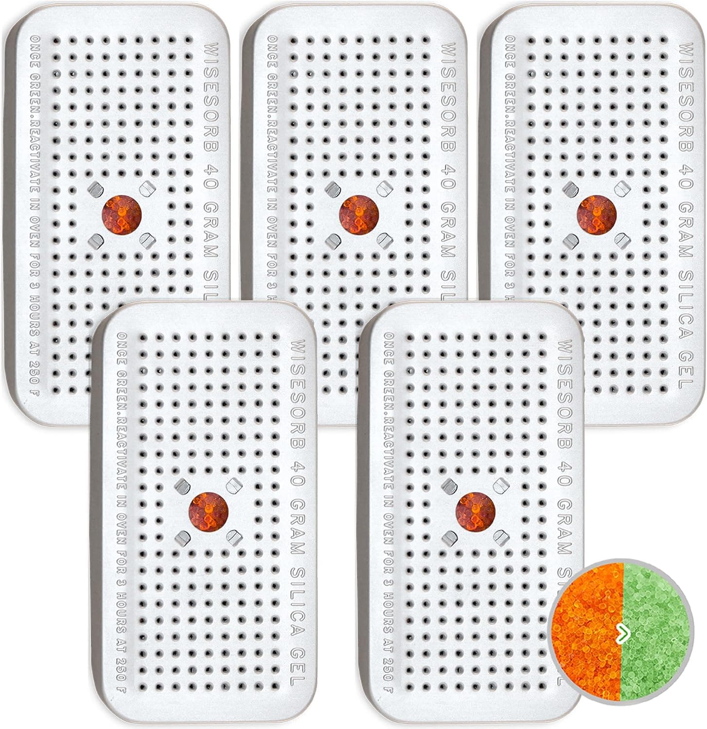 Wisesorb Paquete de 40 gramos de 5 botes de gel de sílice, deshumidificadores seguros para armas (naranja a verde), absorbente de humedad desecante reutilizable para coche, armario