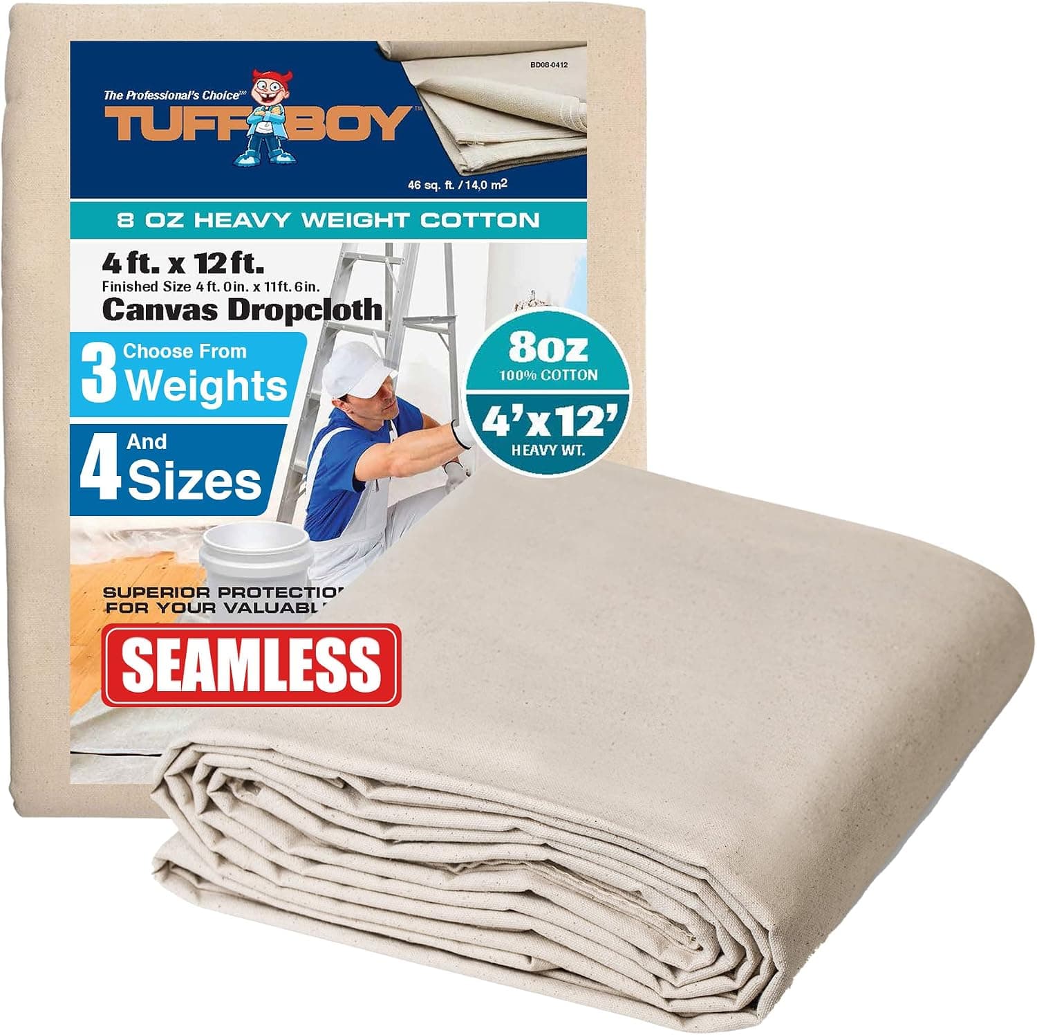 Tela de lona para pintar 4 x 12 pies – Lona de lona multiusos para protección de pintura de pisos y muebles – Cortinas de tela para pintores – 8 oz. Suministros de pintura de tela de lona sin costuras para el hogar TUFFBOY