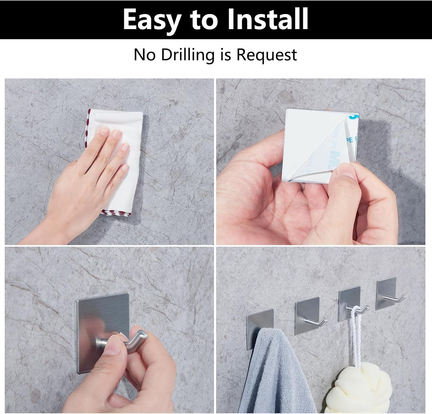 FOMANSH Ganchos Adhesivos Resistentes, Perchas Adhesivas para Pared, Soporte Fuerte de Acero Inoxidable, Ganchos Autoadhesivos para Cocina, Baño, Puerta del Hogar, Toalla, Abrigo, Bata, 6 Paquetes, Plata