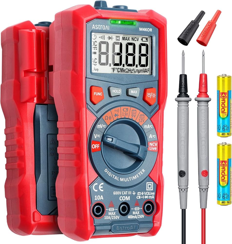 Multímetro digital AstroAI, TRMS 4000 recuentos, rango automático, prueba de batería | Prueba de batería de 1,5 V/9 V/12 V, diagnóstico automático y doméstico, detección NCV, medición de capacitancia, CAT III 600 V