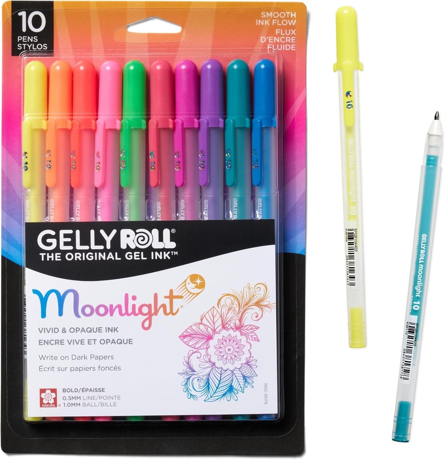 SAKURA Gelly Roll Moonlight Juego de bolígrafos de gel, punta llamativa, colores opacos, paquete de 10 38176 | Bolígrafo de tinta con punta atrevida para diario, arte y dibujo, tinta opaca sobre papel claro y oscuro, flujo suave y cremoso