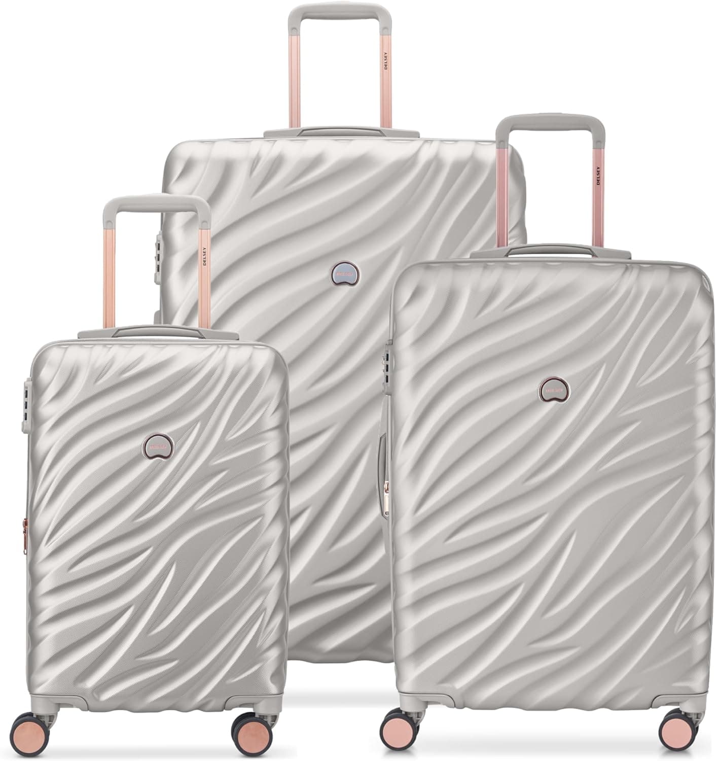 DELSEY PARIS Alexis Hardside Juego de 3 piezas, equipaje expandible con 4 ruedas giratorias, maleta liviana, equipaje de mano de 21", tamaño mediano a cuadros de 25", tamaño grande a cuadros de 29", plateado/oro rosa