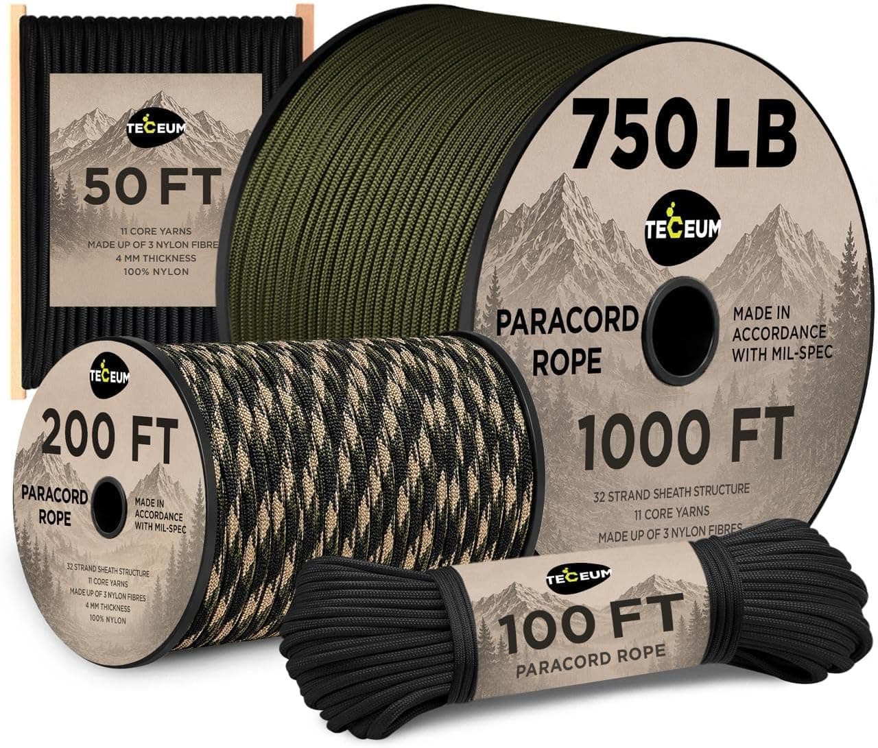 Cuerda Paracord 750 lb 5/32 – Cordón para tienda de campaña – Cuerda de nailon para uso general al aire libre | 750 Paracord de 11 hebras, 50 pies a 1000 pies, más de 35 colores, equipo táctico y de supervivencia, cuerda de paracaídas con núcleo de nailon, tendedero