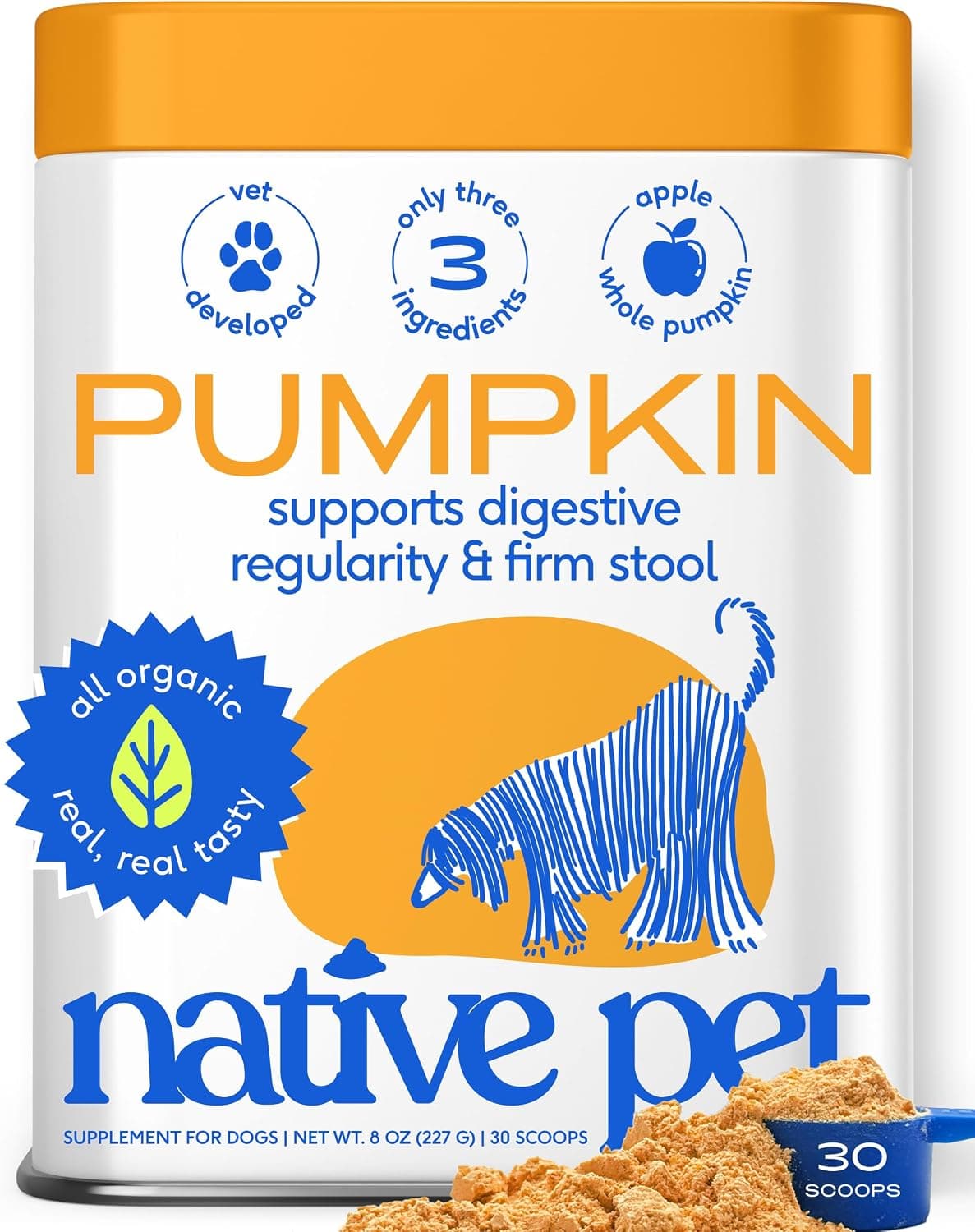 Calabaza nativa para perros - Polvo de cobertura de comida orgánica para perros - Promueve heces firmes, apoya la digestión, la salud intestinal y la absorción de nutrientes - USDA Orgánico, rico en fibra con calabaza real - 30 cucharadas