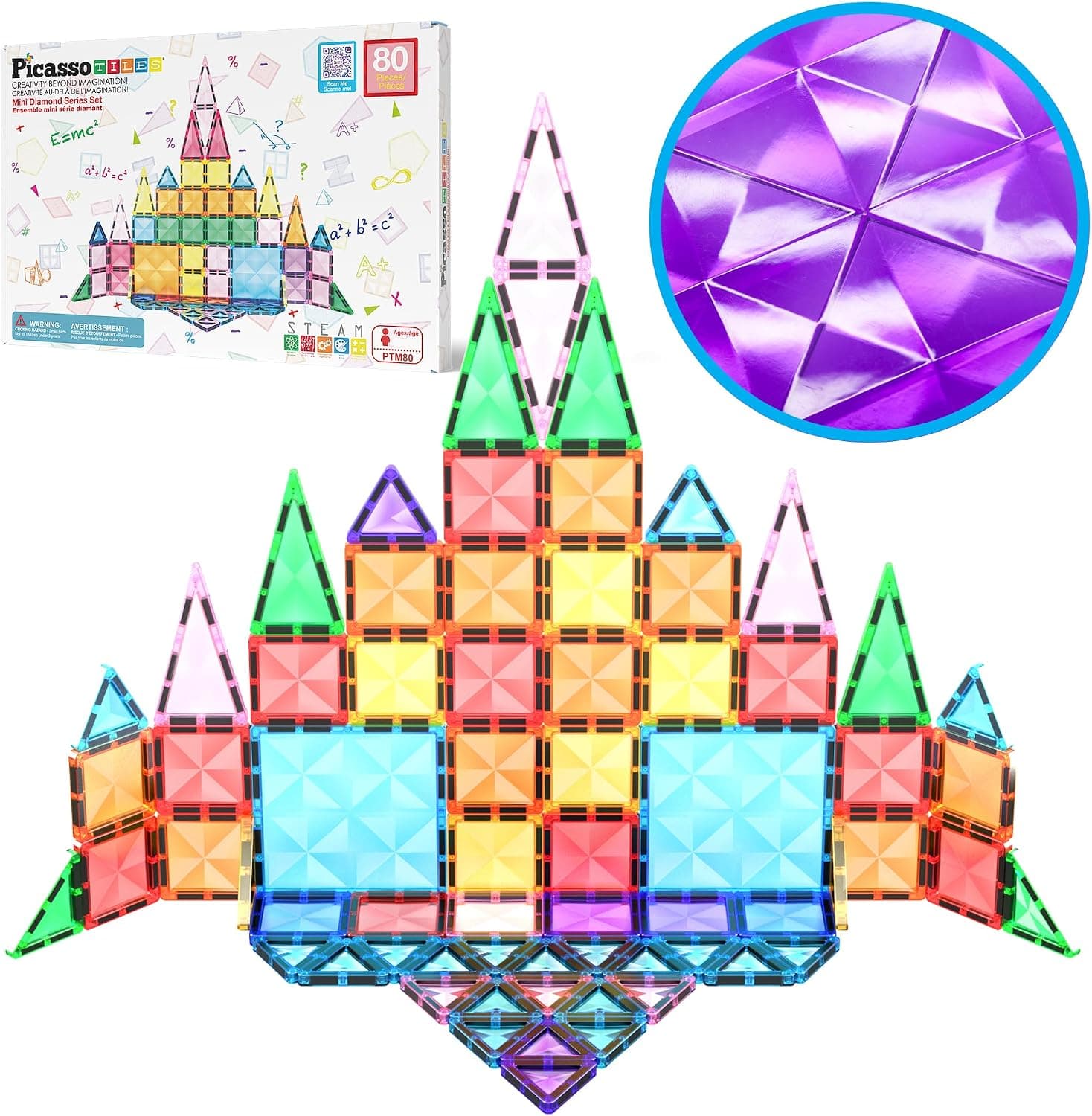 PicassoTiles 80 Piezas Azulejos Magnéticos Tamaño de Viaje Versión Mini Juego de Construcción de Bloques de Construcción para Niños Gran Regalo Edades 3+ Niños y Niñas Preescolar Jardín de Infantes Montessori Juguetes Apilables Diversión PTM80