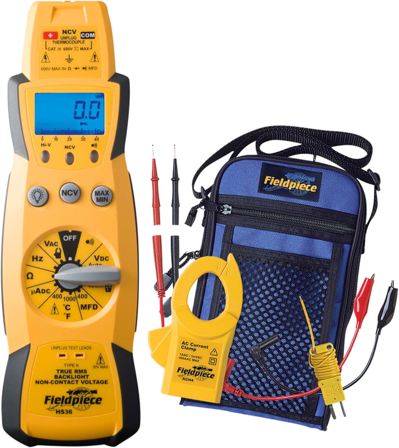 Fieldpiece HS33 Multímetro de varilla de rango manual expandible para HVAC/R - Abrazadera de 400 A - Voltaje sin contacto con temperatura a 1000 °F - Capacitancia y termopar tipo K - Probador eléctrico HVAC