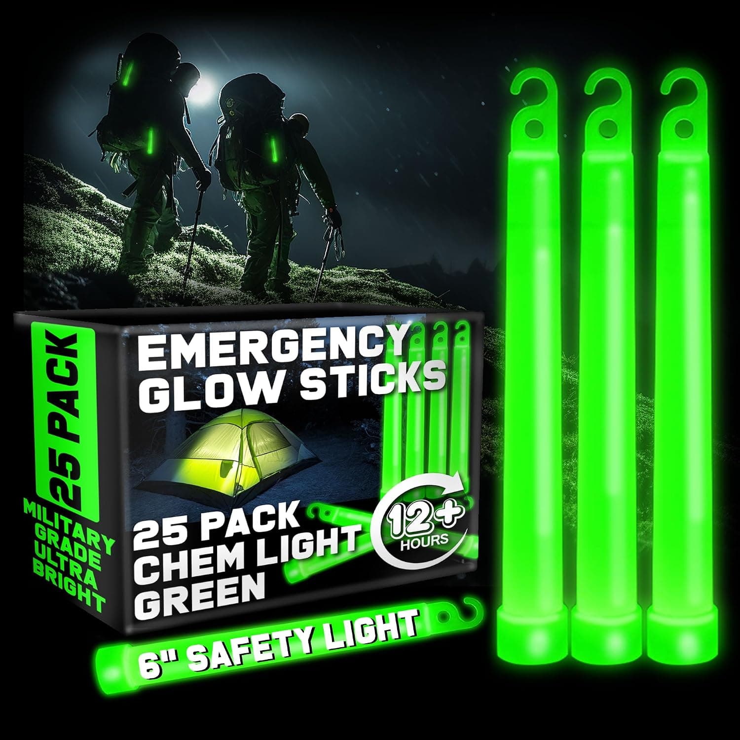 Luces químicas de emergencia de color verde ultrabrillante (6 pulgadas, paquete de 25) barras de luz tácticas a granel de grado militar de 12 horas para equipo de supervivencia, camping, cortes de energía