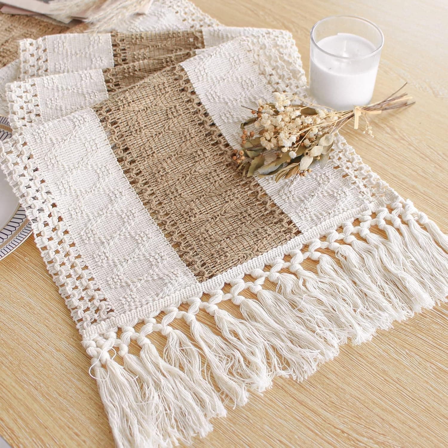 Camino de mesa bohemio para decoración del hogar de otoño 12 x 72 rústico con borlas | 72 pulgadas de largo casa de campo cocina comedor macramé arpillera mesa de centro decoración vestidor corredor cerámica muebles de Granero