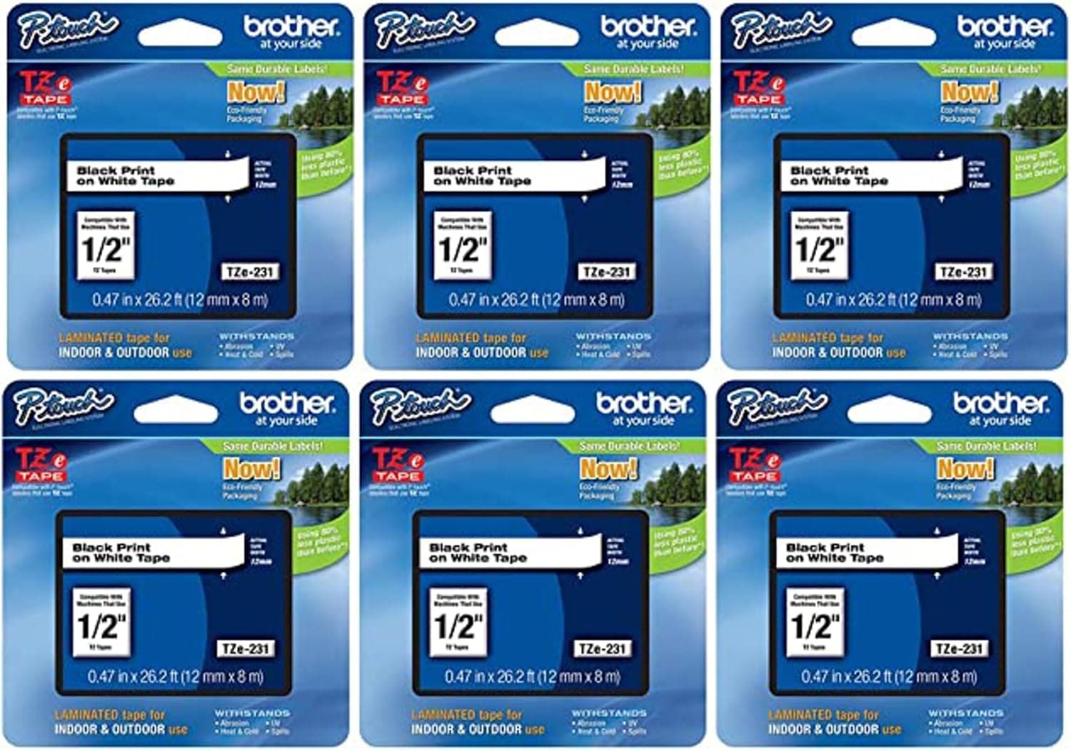 Brother P-Touch, TZe-231, paquete de 6 cintas originales de ½” (0,47”) x 26,2 pies (8 m), paquete de 6 cintas laminadas P-Touch, negro sobre blanco, perfectas para uso en interiores o exteriores, resistente al agua, TZE2316PKB (TZE231)