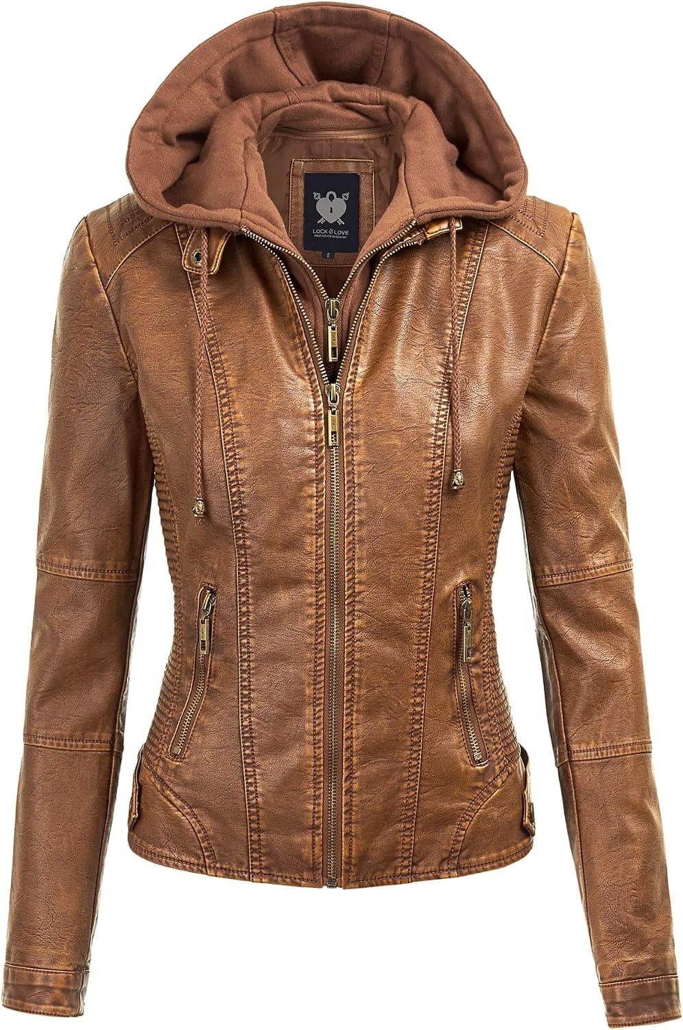 Abrigo de moto motera de cuero sintético para mujer Lock and Love con capucha extraíble o no extraíble