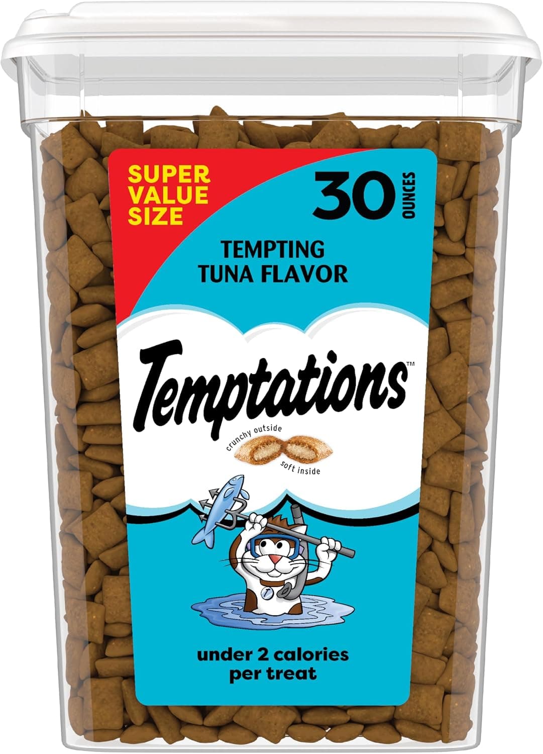 Temptations Classic Tempting Atún, golosinas crujientes y suaves para gatos, 30 oz | Menos de 2 calorías por golosina, 100% completo y equilibrado para gatos adultos, recipiente resellable para mantenerse fresco, uso como refrigerio, comida o complemento alimenticio.