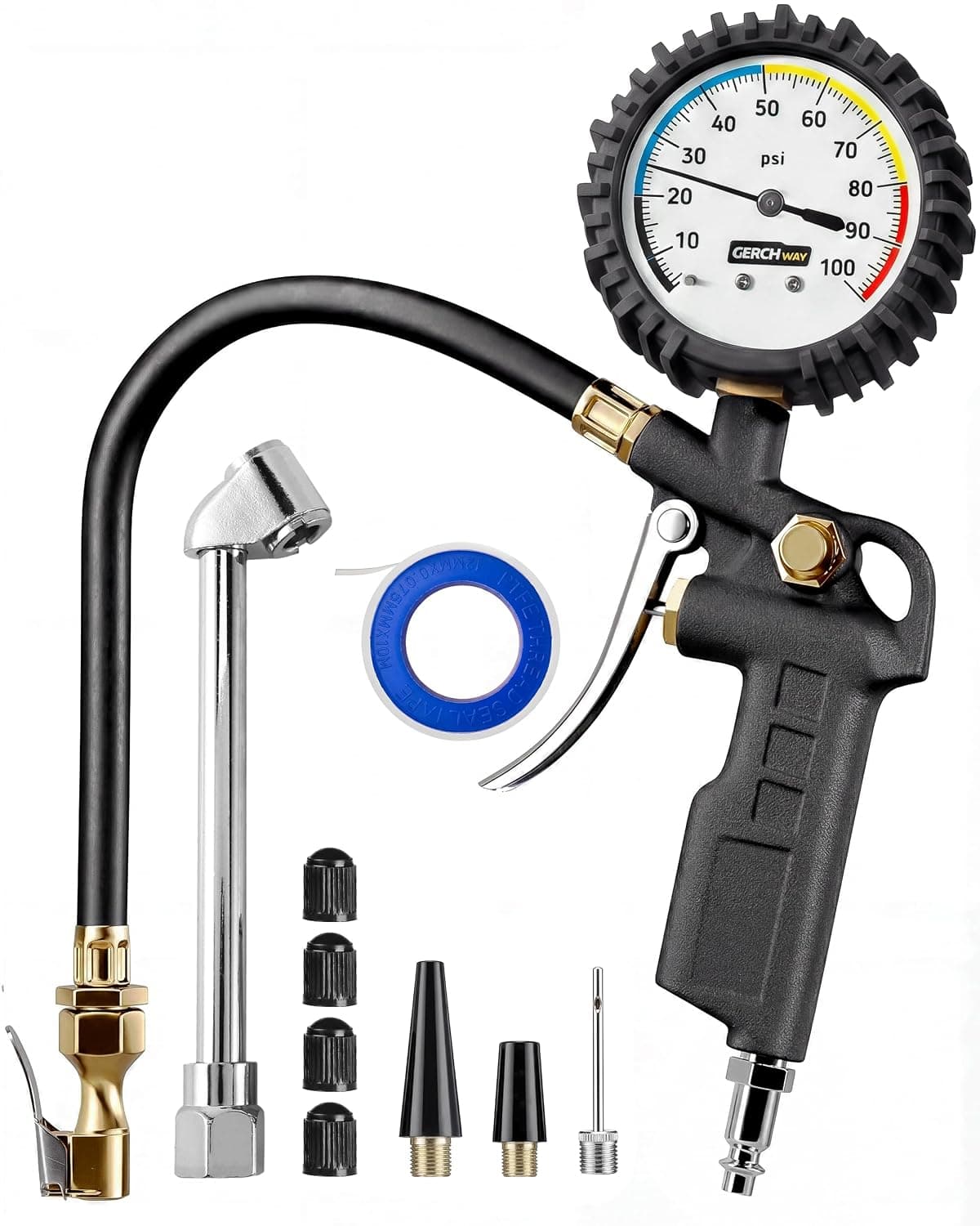 Inflador de neumáticos con manómetro – Dial luminoso grande, mandril de aire giratorio con manómetro y accesorios para compresor de aire – 100 PSI