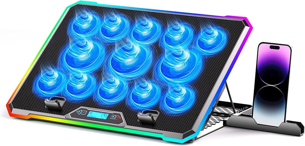 Enfriador para computadora portátil para juegos con 13 ventiladores ultra silenciosos, pantalla LCD y RGB multicolor: 10 modos de iluminación, 9 alturas ajustables, puertos USB duales, soporte para teléfono incorporado para computadoras portátiles de 15 a 21 pulgadas en el escritorio o en el regazo