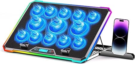Enfriador para computadora portátil para juegos con 13 ventiladores ultra silenciosos, pantalla LCD y RGB multicolor: 10 modos de iluminación, 9 alturas ajustables, puertos USB duales, soporte para teléfono incorporado para computadoras portátiles de 15 a 21 pulgadas en el escritorio o en el regazo