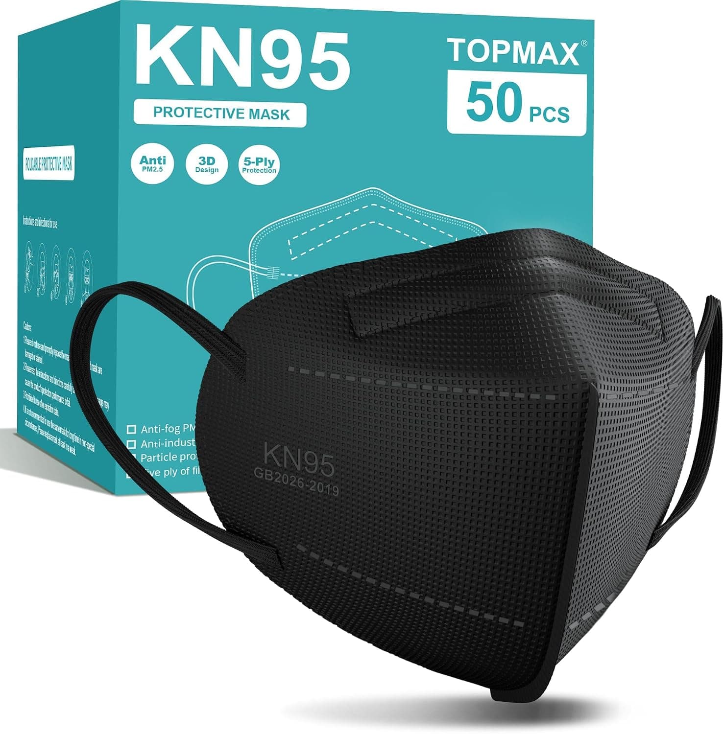 TOPMAX KN95 Mascarillas faciales, paquete de 50, filtro transpirable de 5 capas, eficiencia ≥95%, mascarillas desechables contra el polvo con copa protectora contra PM2.5, color negro