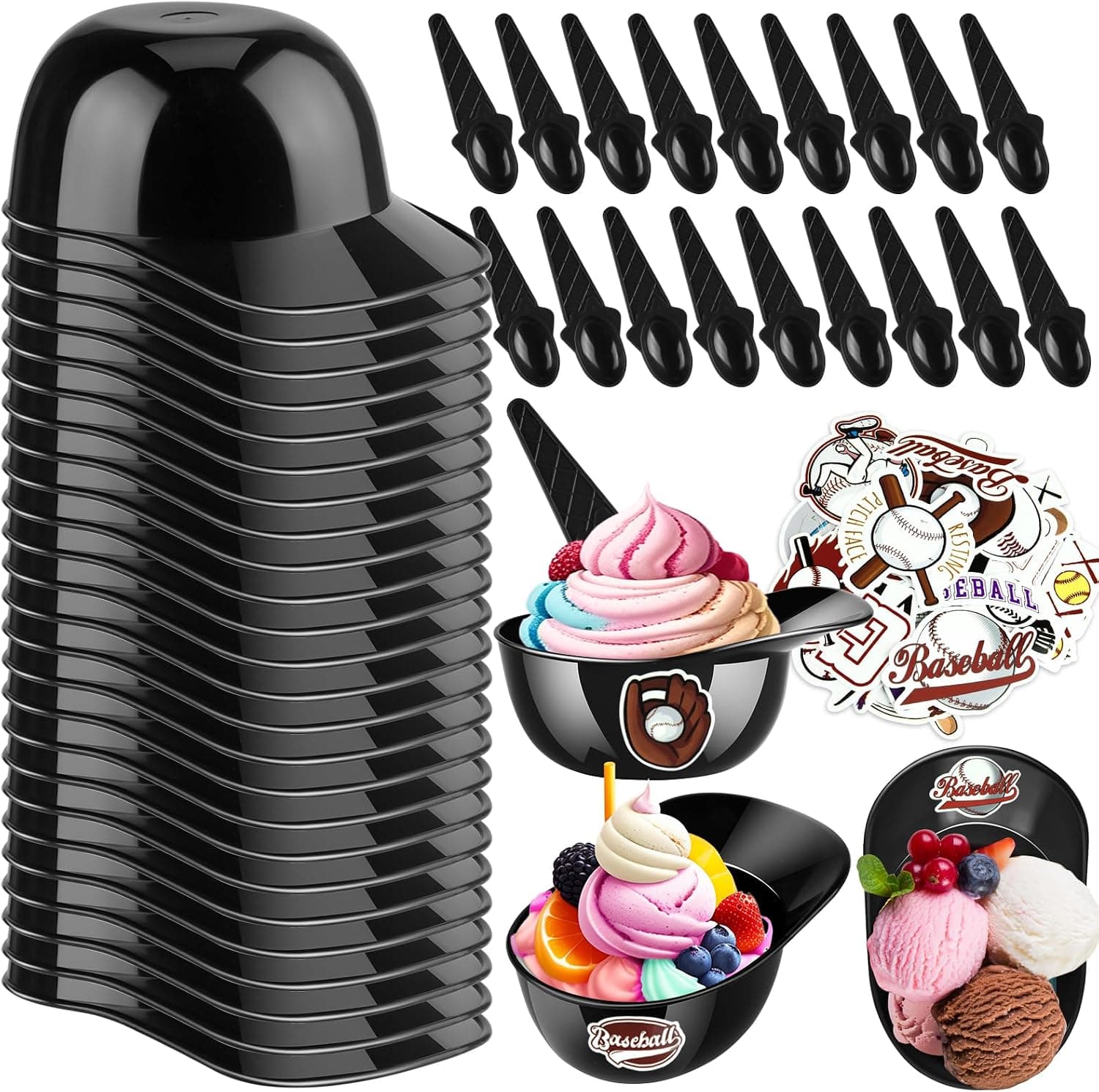 MEEZY Juego de 50 tazones para helado con casco de béisbol con 25 mini tazas de postre y 25 cucharas, gorra de béisbol reutilizable de 8 oz, taza de postre para refrigerios, tazones de fiesta de béisbol para niños, suministros deportivos para fiestas de cumpleaños