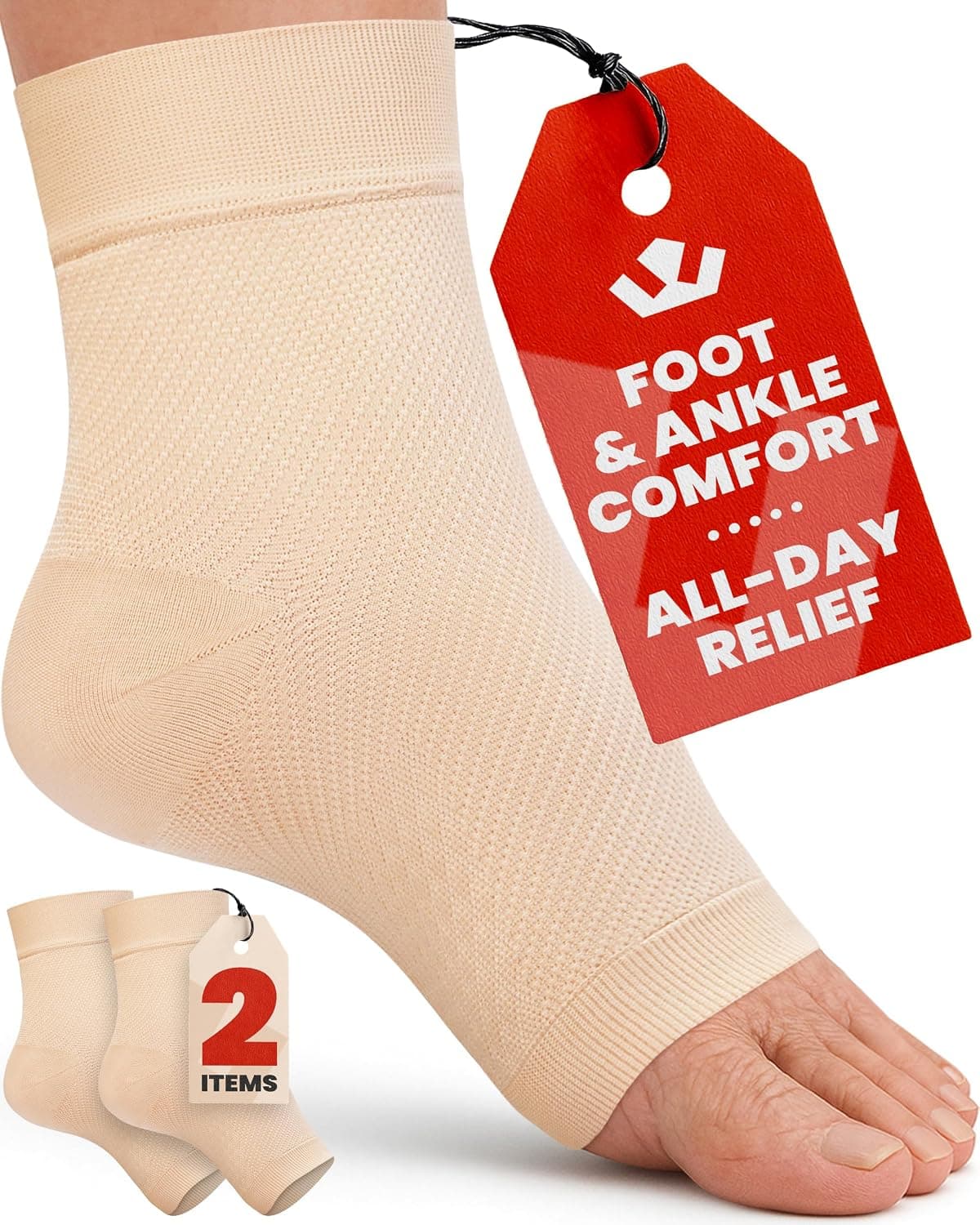 KEMFORD Tobillera de compresión - 1 par, aparatos ortopédicos para fascitis plantar - Calcetines de compresión con punta abierta para hinchazón, esguince, neuropatía, soporte para el arco del pie para hombres y mujeres - 20-30 mmhg, L, Beige