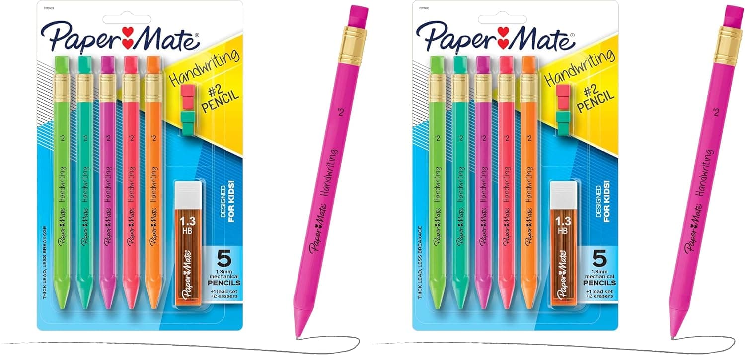 Paper Mate Juego de portaminas triangulares para escritura a mano con recambios de plomo y borrador, 1,3 mm, suministros escolares, suministros de oficina, lápices de dibujo, lápices de dibujo, colores de barril divertidos, 8 unidades (paquete de 2)