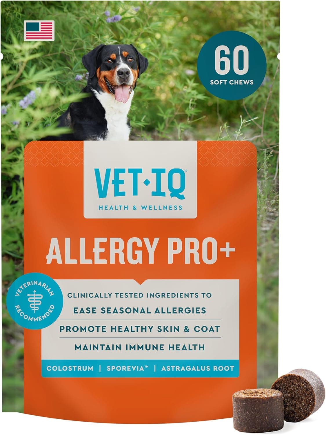 VetIQ Allergy Pro+ Soft Chews for Dogs, Dog Allergy Chews, Seasonal Support, Colostrum, Astragalus Root, Sporevia, Hickory Smoke Flavor, 60 Count | Eases seasonal allergy symptoms; colostrum, astragalus root & sporevia; hickory smoke flavor; daily allergy chew