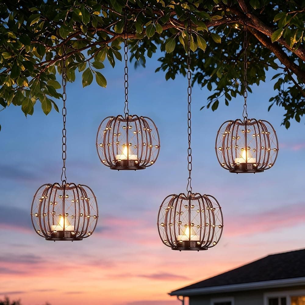 Linterna colgante solar para exteriores, paquete de 4 portavelas de calabaza de alambre de cobre tejido a mano con luces de té solares, lámpara de araña impermeable IP65 para cenador, árbol, pérgola, decoración de patio y jardín