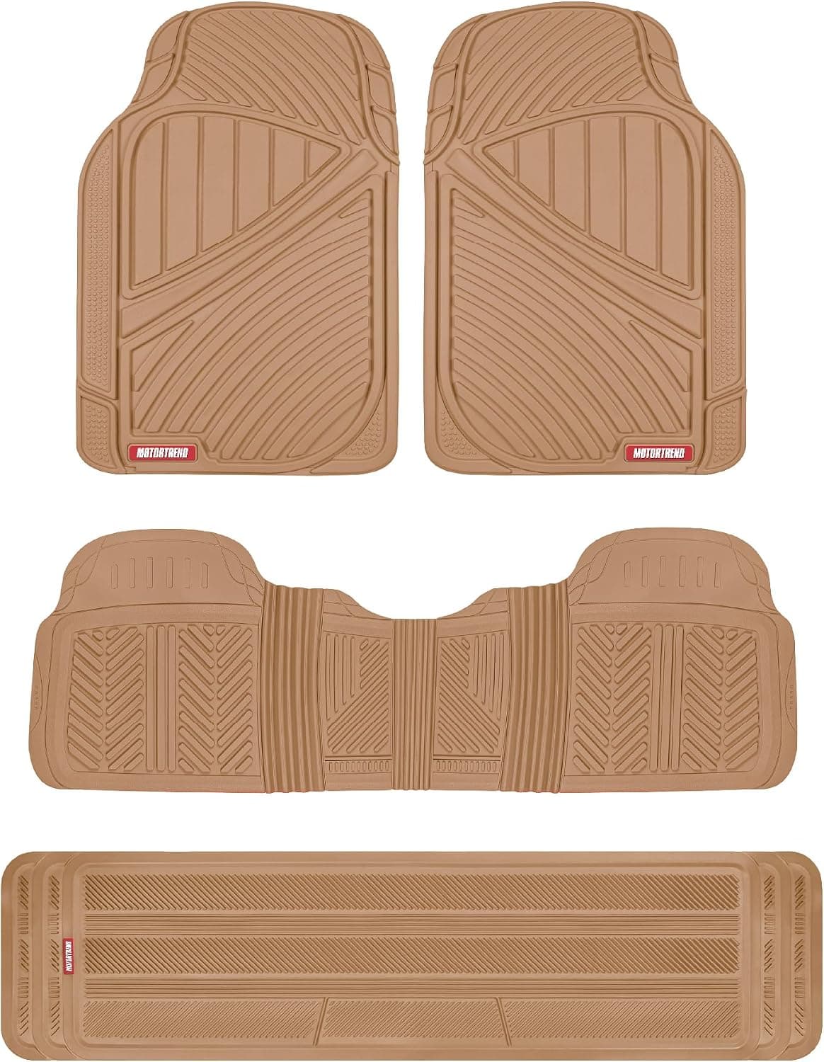 Motor Trend Alfombrillas y revestimientos de goma resistentes de 3 filas para coche, SUV, furgoneta, parte delantera de 2ª y 3ª fila, látex polimerizado duradero, protección interior completa, diseño Ridgeline extra alto, color beige